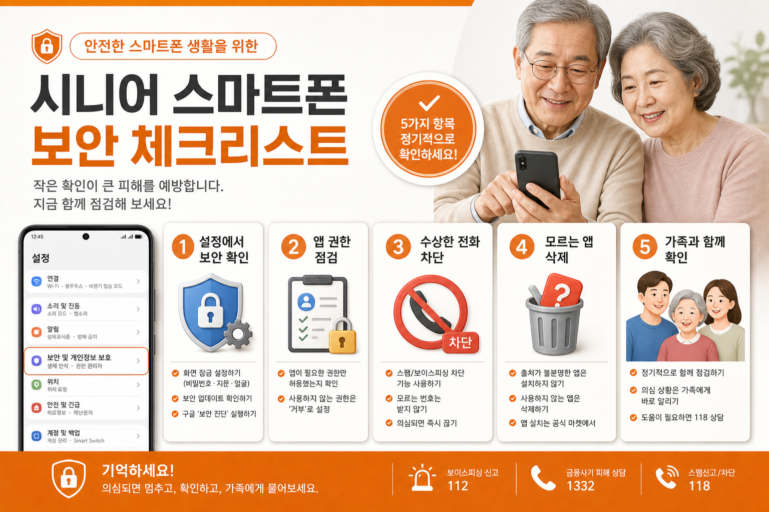 시니어 스마트폰 보안 체크리스트 인포그래픽