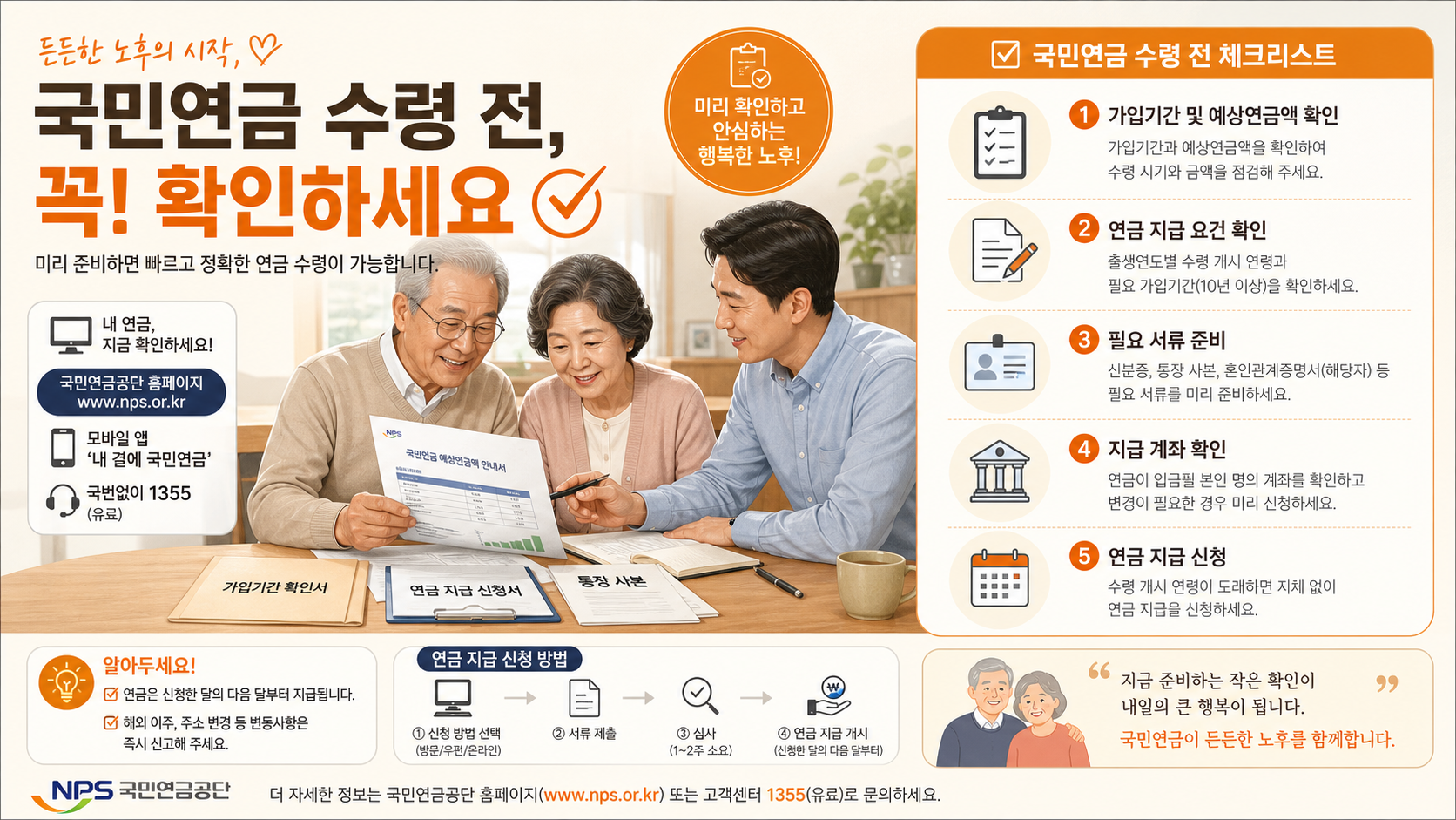 국민연금 수급 전 체크리스트를 확인하는 시니어 가족