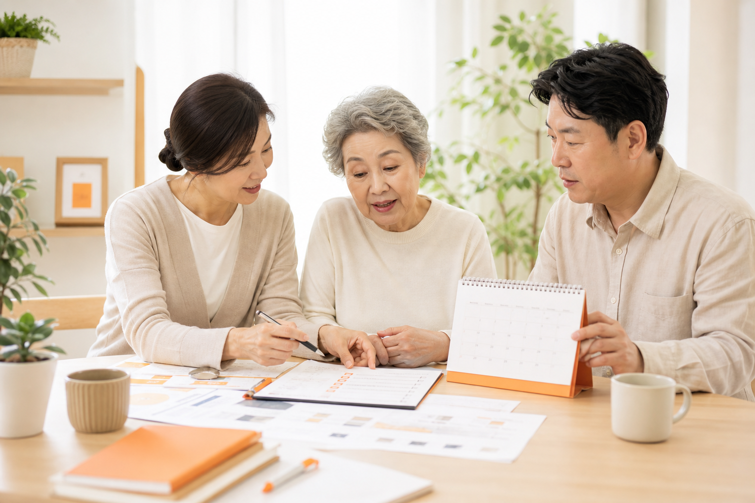 체크리스트와 달력을 보며 장기요양 준비를 상의하는 가족