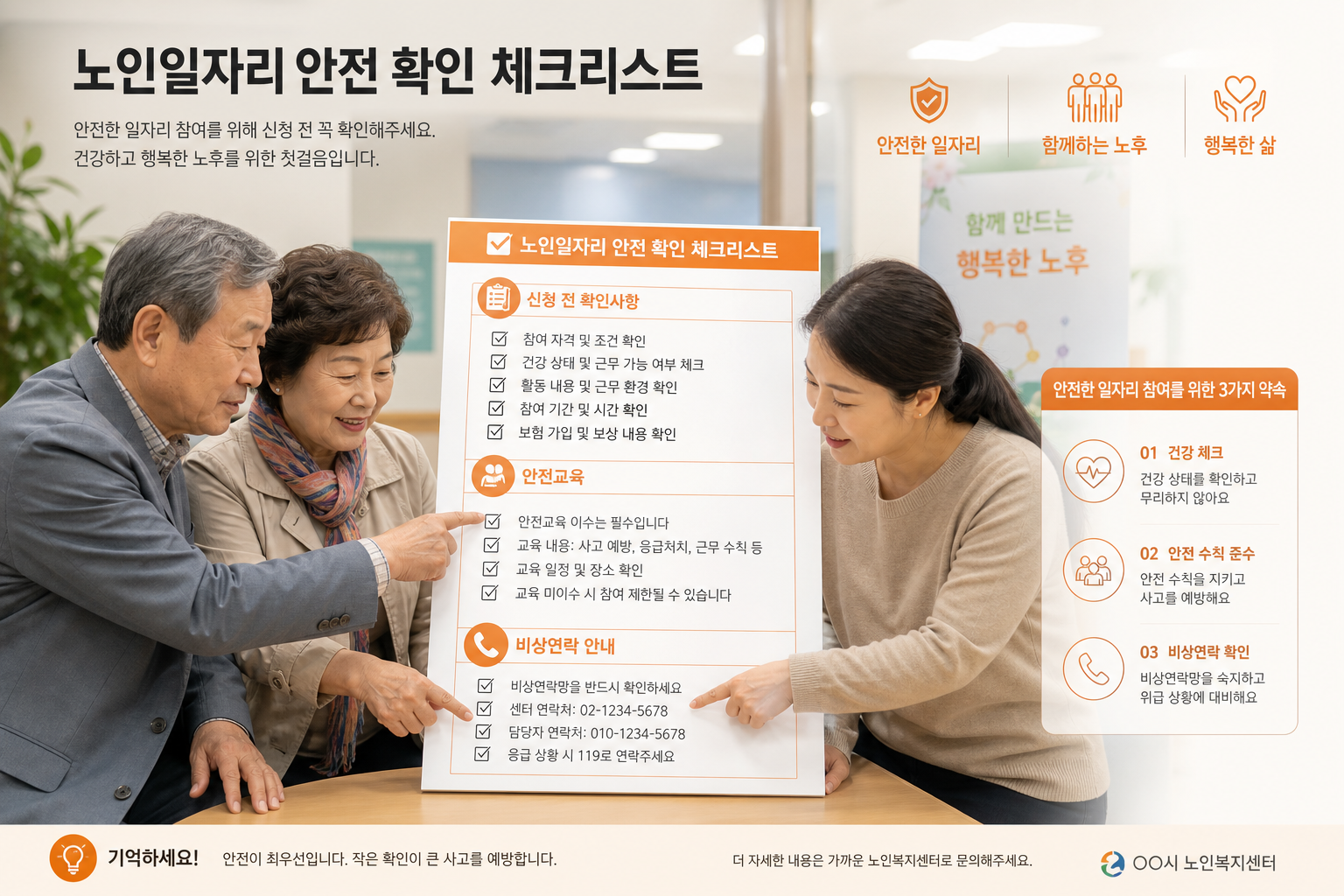 노인일자리 안전 체크리스트를 확인하는 중장년 가족과 보호자