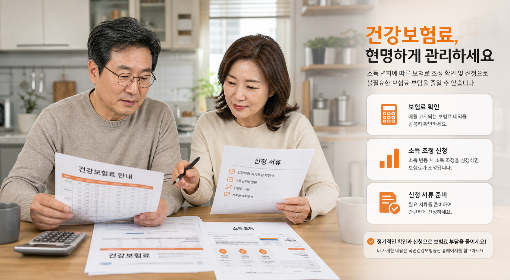 지역보험료와 소득 조정 신청 서류를 확인하는 중장년 부부