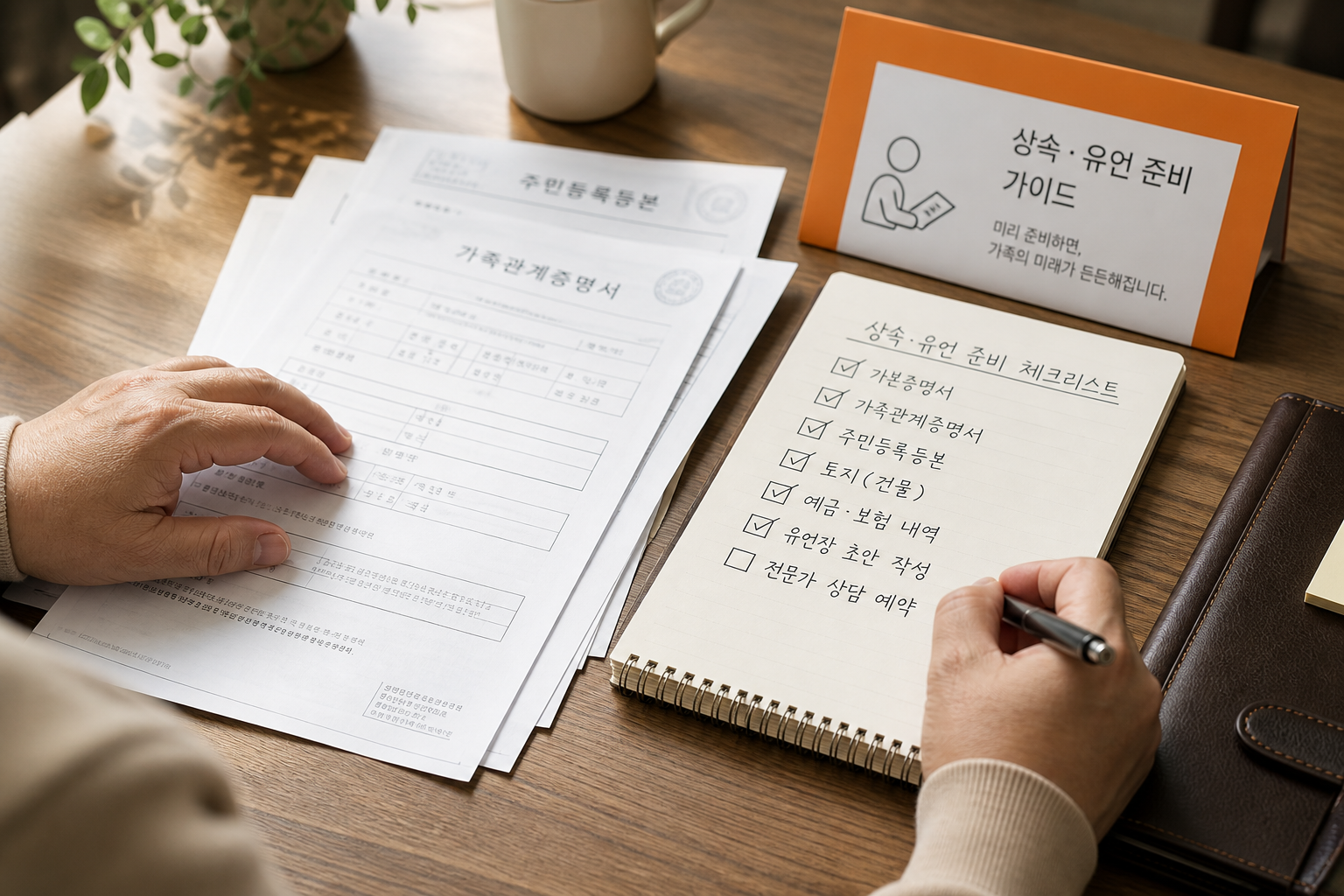 법률 상담 전 상속 서류와 체크리스트를 정리하는 모습