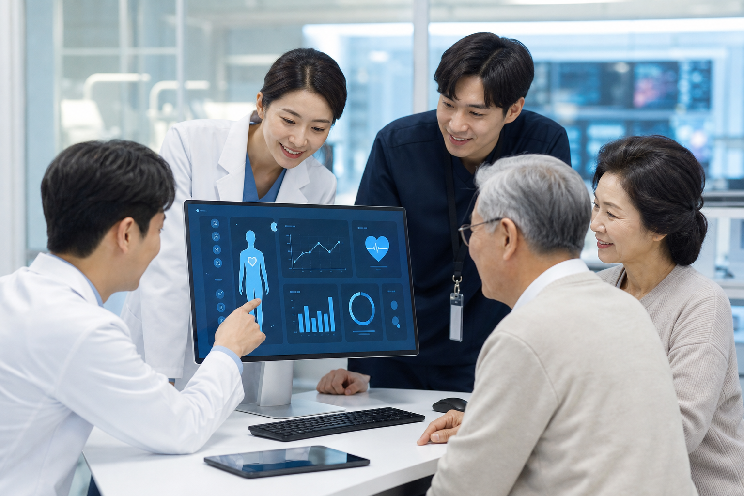 의료진과 기술 인력이 AI 건강 모니터링 화면을 함께 확인하는 모습