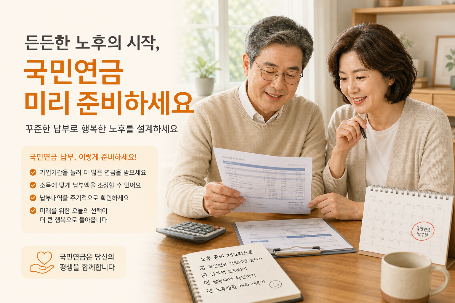 국민연금 보험료 부담 기준을 살펴보는 중장년 부부