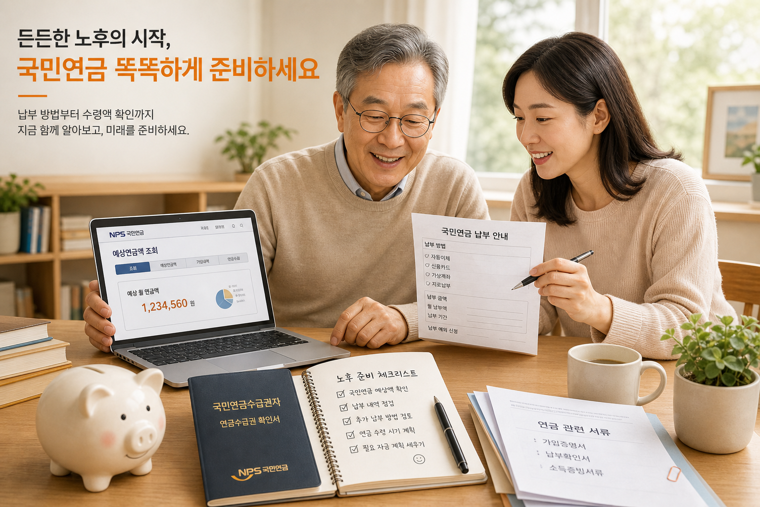 자녀와 함께 국민연금 신청 서류와 납부 계획을 확인하는 시니어