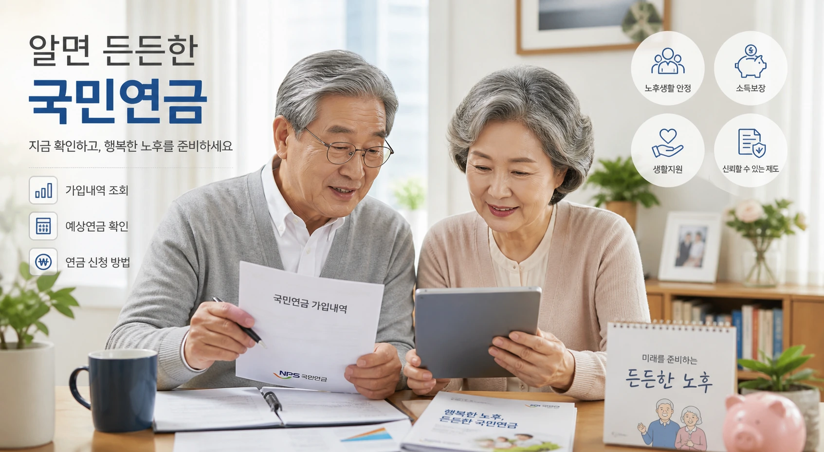 국민연금 서류를 함께 확인하는 중장년 부부