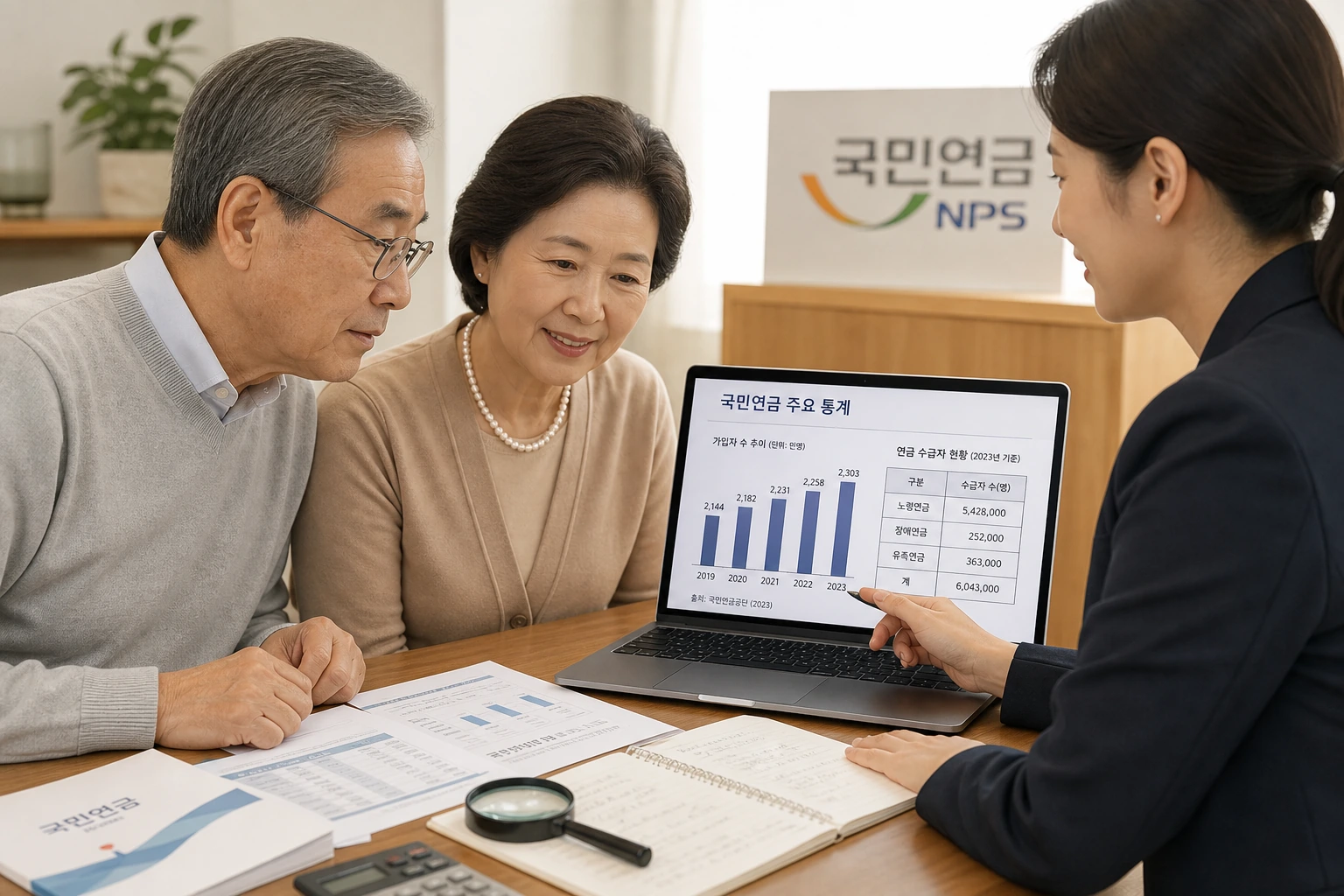 국민연금 통계를 확인하는 시니어와 보호자