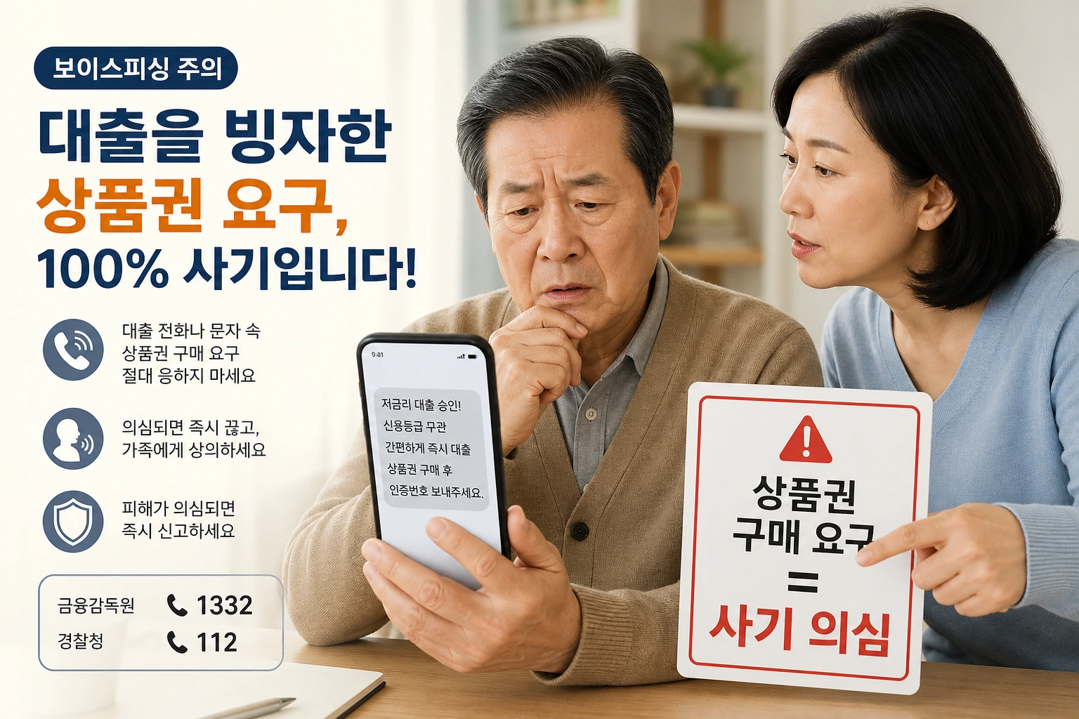 상품권 구매를 요구하는 대출 사기 경고 안내 이미지