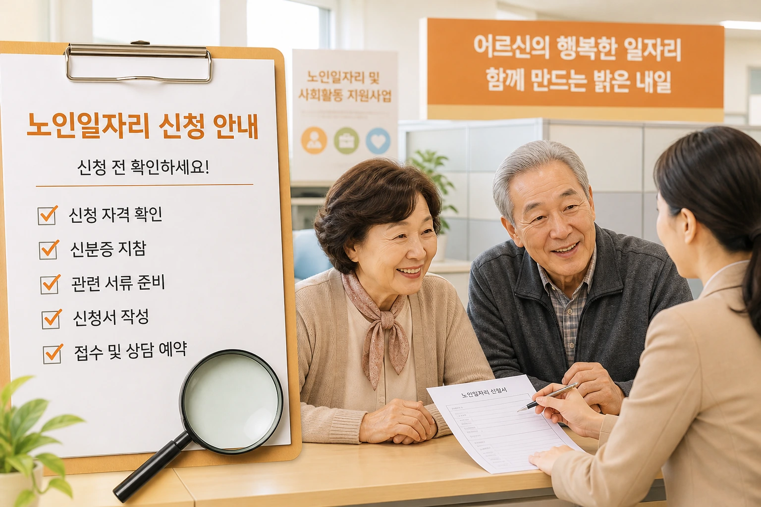 노인일자리 신청 상담을 받는 시니어와 체크리스트 이미지