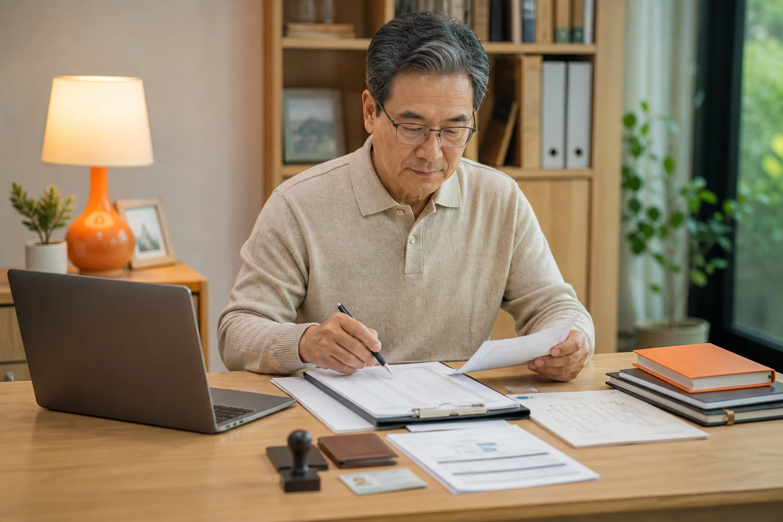 상속인 금융거래 통합조회 절차를 준비하는 서류와 노트북 장면