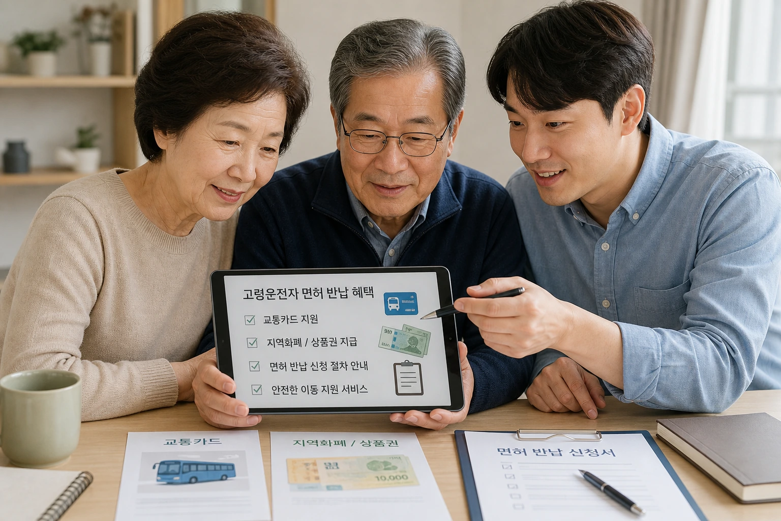 가족이 고령운전자 면허 반납 혜택 서류를 확인하는 모습
