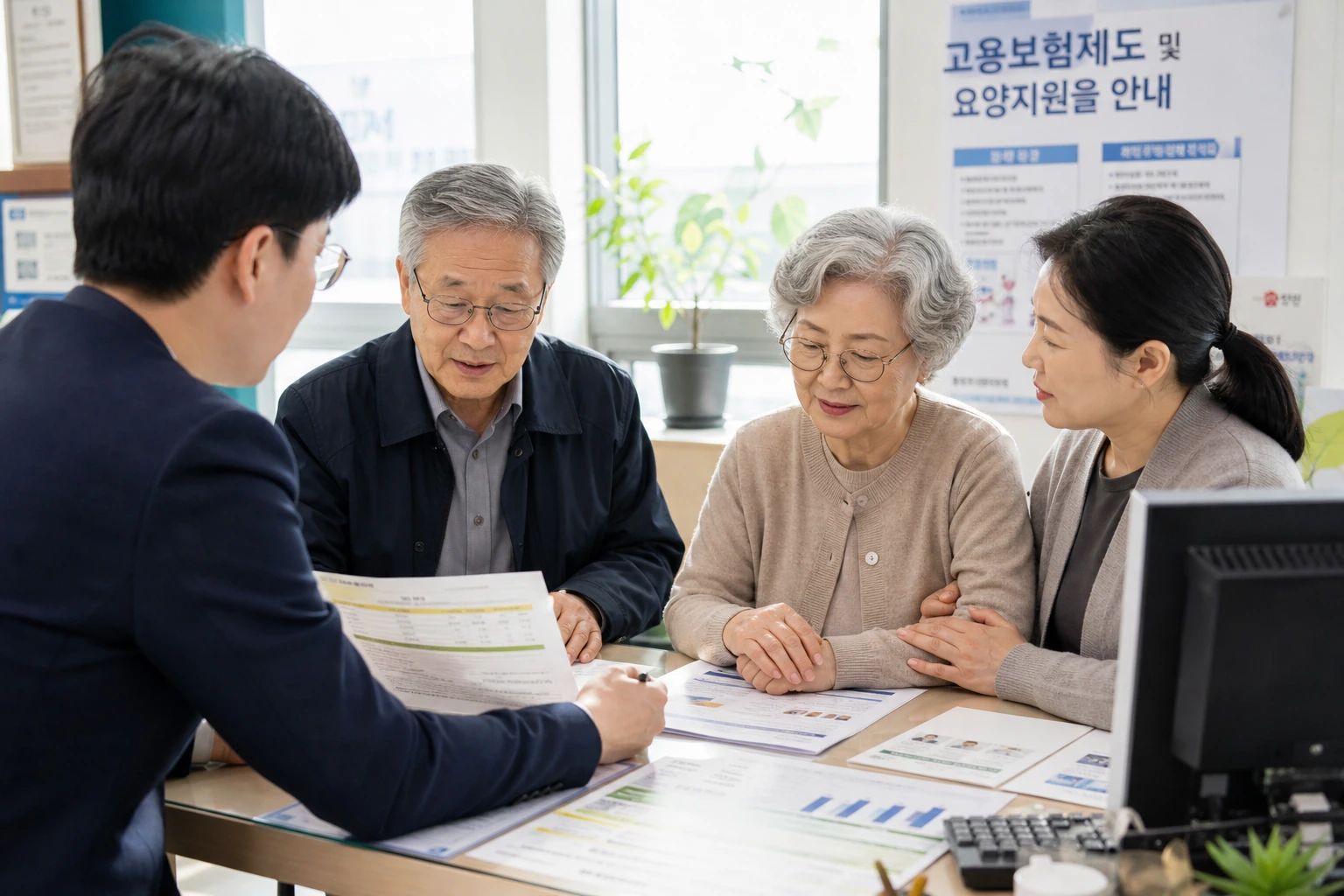 중장년 근로자와 보호자가 고용·돌봄 제도 안내를 함께 확인하는 모습