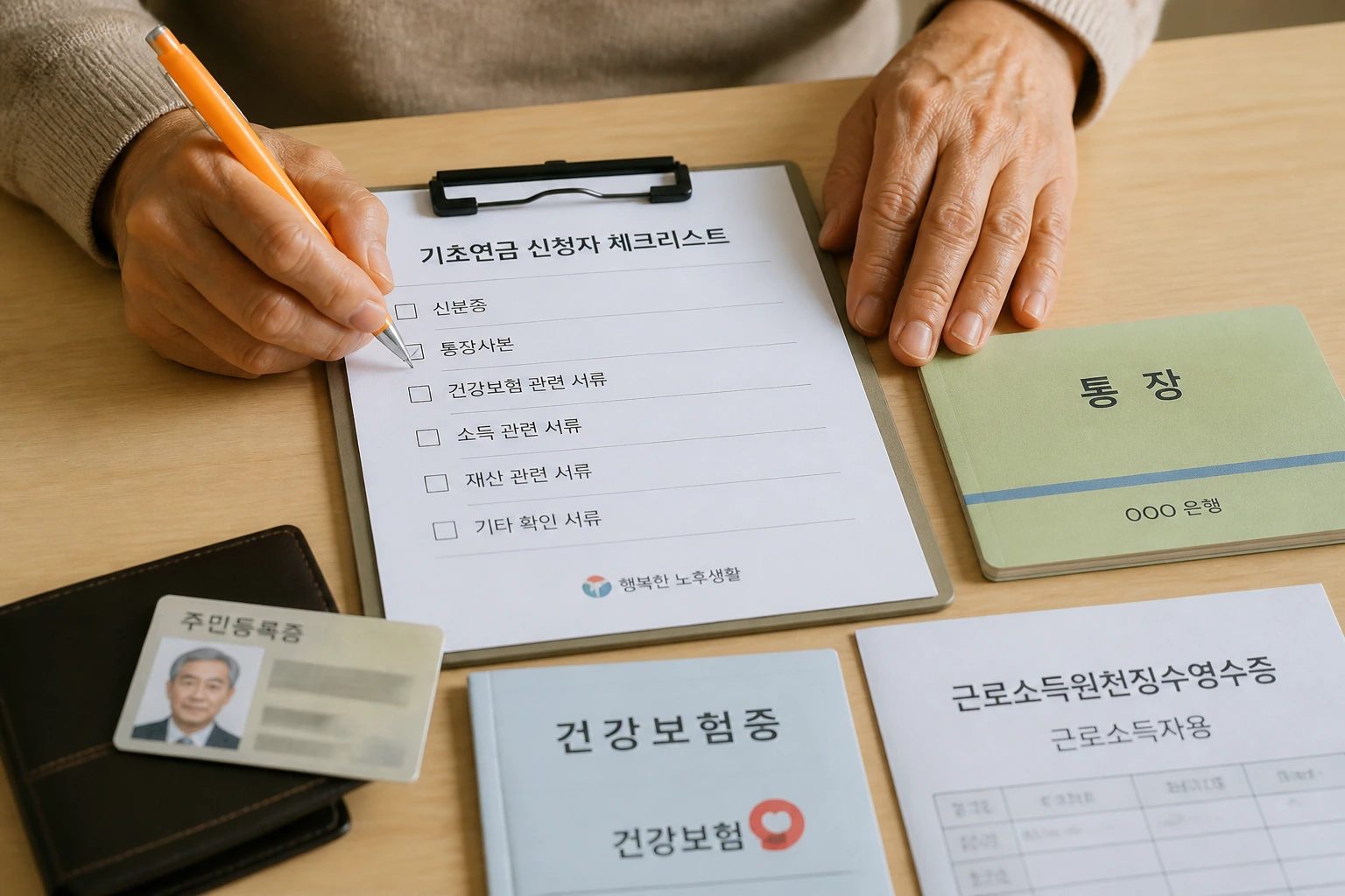신분증과 체크리스트, 서류를 놓고 준비 항목을 점검하는 모습