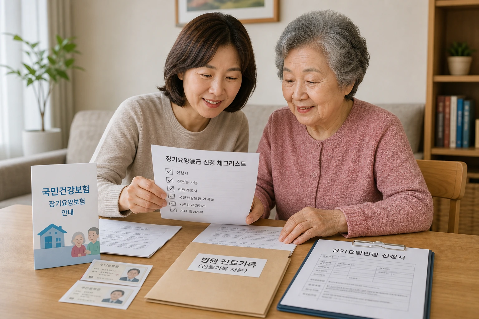 장기요양 등급 신청 준비 서류를 확인하는 노인과 보호자