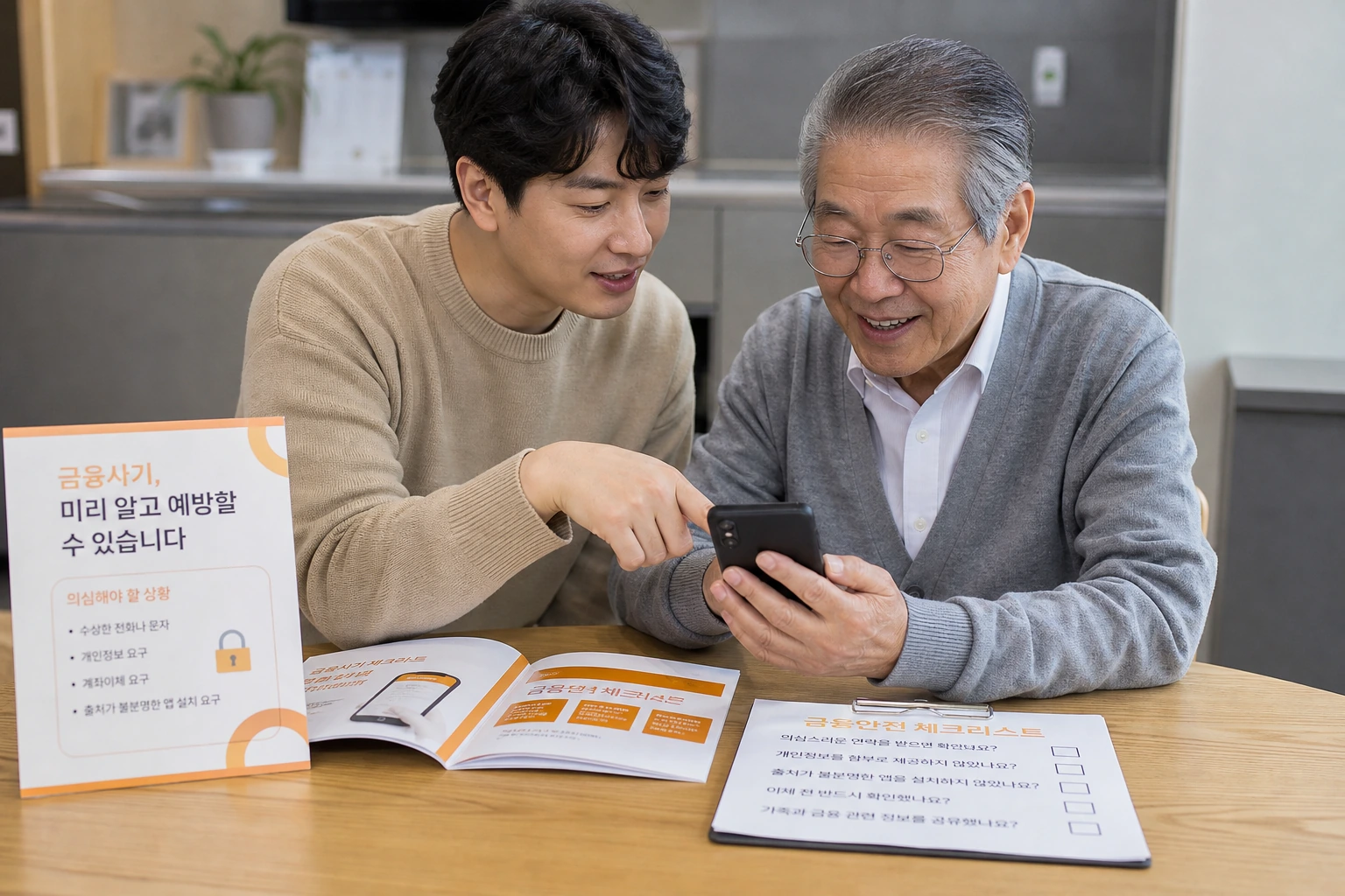 시니어와 보호자가 스마트폰 문자와 은행 앱을 확인하며 금융사기 대응 순서를 점검하는 모습