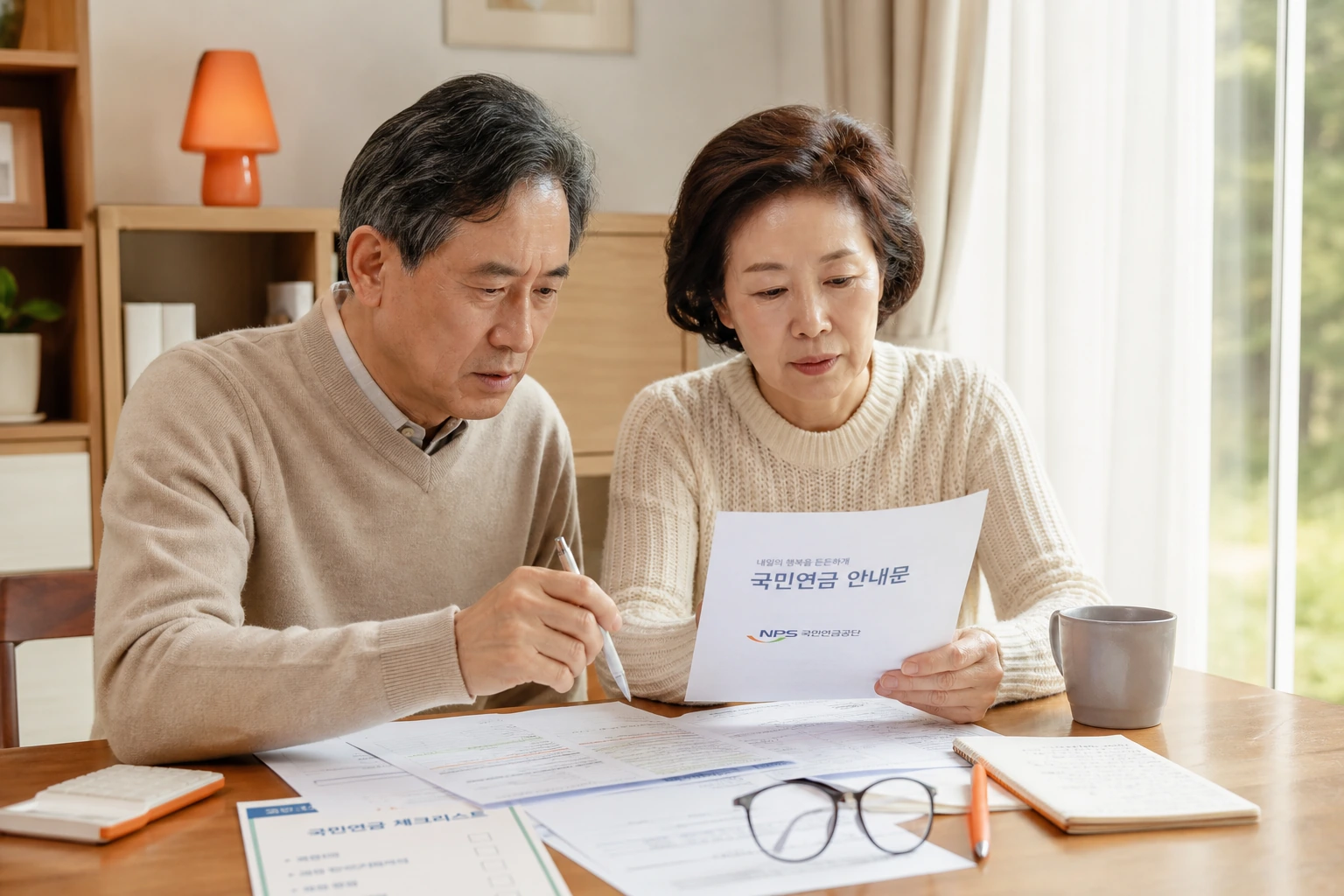 국민연금 받기 전 집에서 서류를 확인하는 시니어 부부
