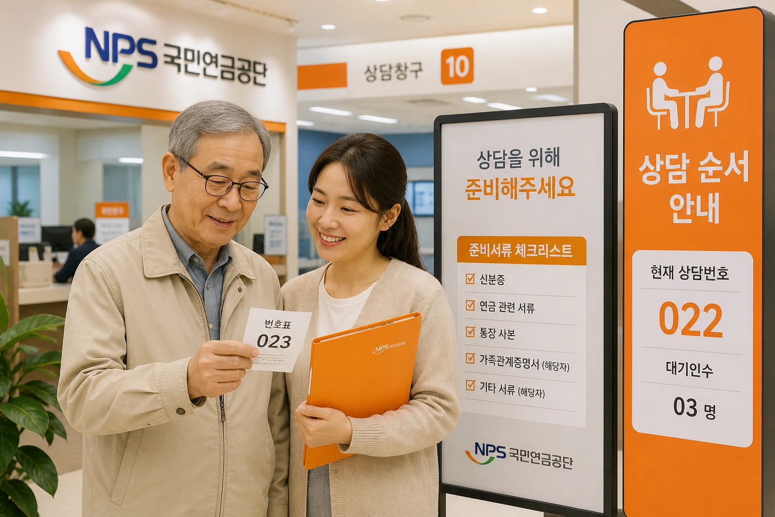 국민연금공단 상담 창구에서 서류와 순서를 확인하는 시니어와 보호자