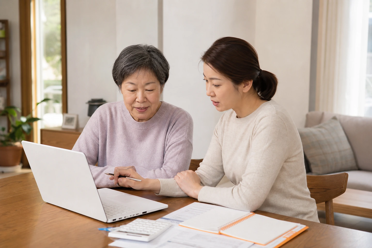 국민연금 예상수령액을 보호자와 함께 확인하는 시니어 가정 장면