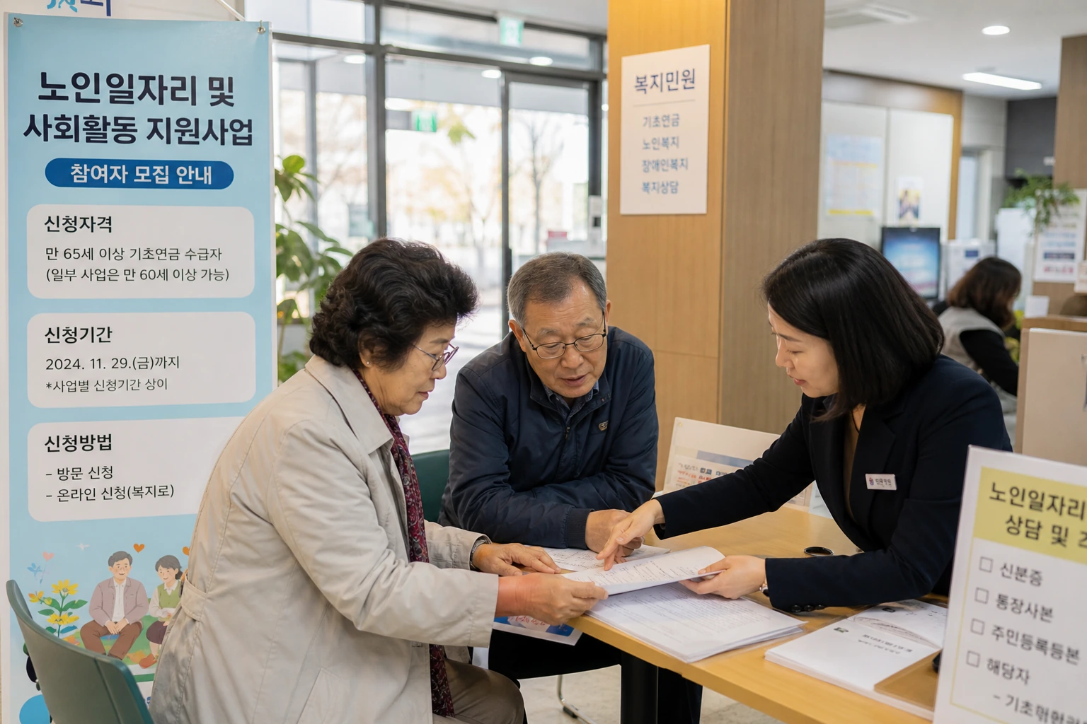 노인일자리 신청 상담을 준비하는 시니어와 보호자