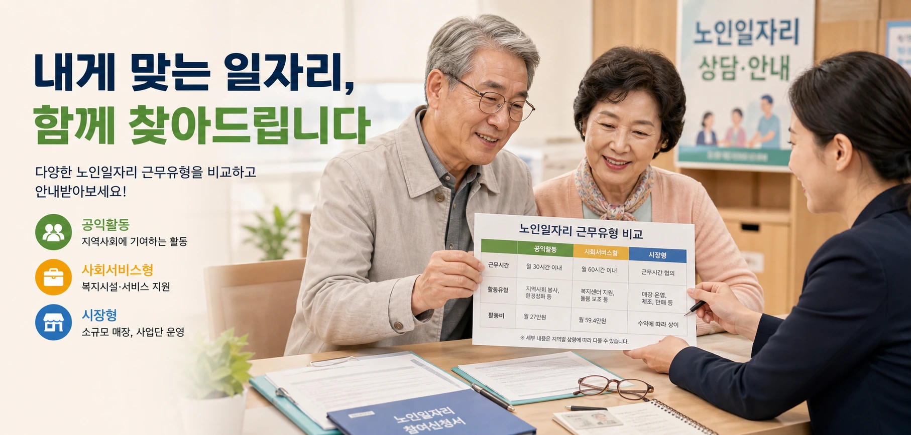 노인일자리 근무유형과 신청서류를 함께 확인하는 장면