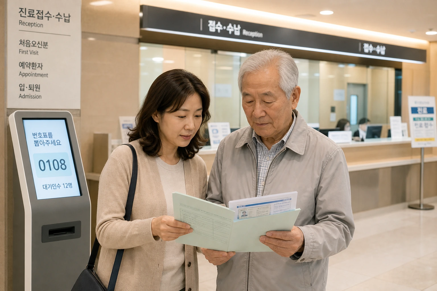 보호자와 고령층이 병원 접수 창구 앞에서 준비 서류를 확인하는 모습