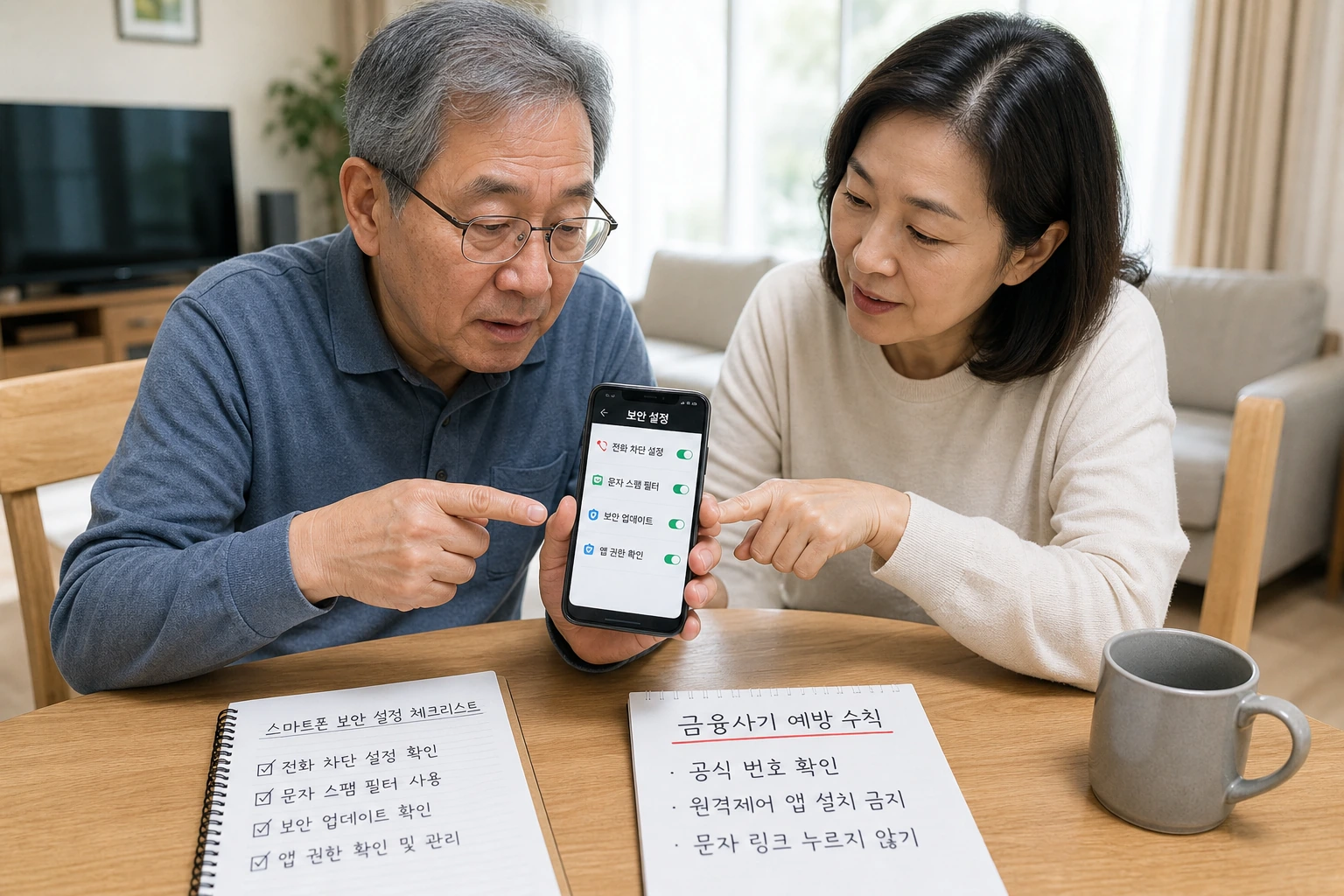 보이스피싱 예방을 위해 스마트폰 보안 체크리스트를 점검하는 모습