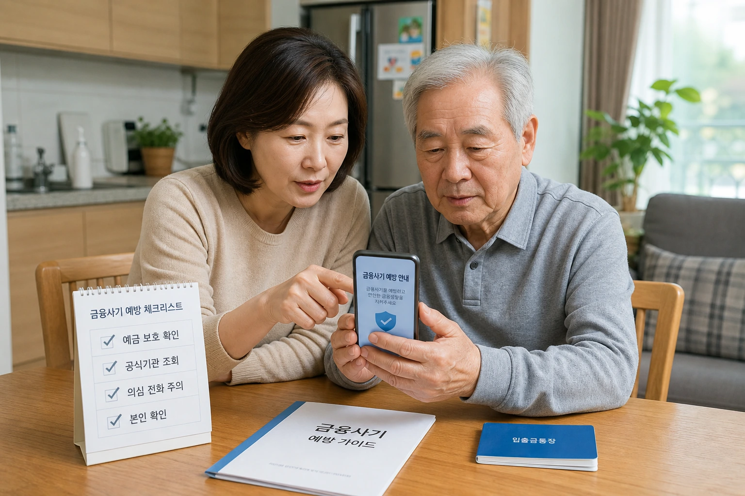 장년층과 보호자가 금융사기 예방 체크리스트를 함께 확인하는 모습