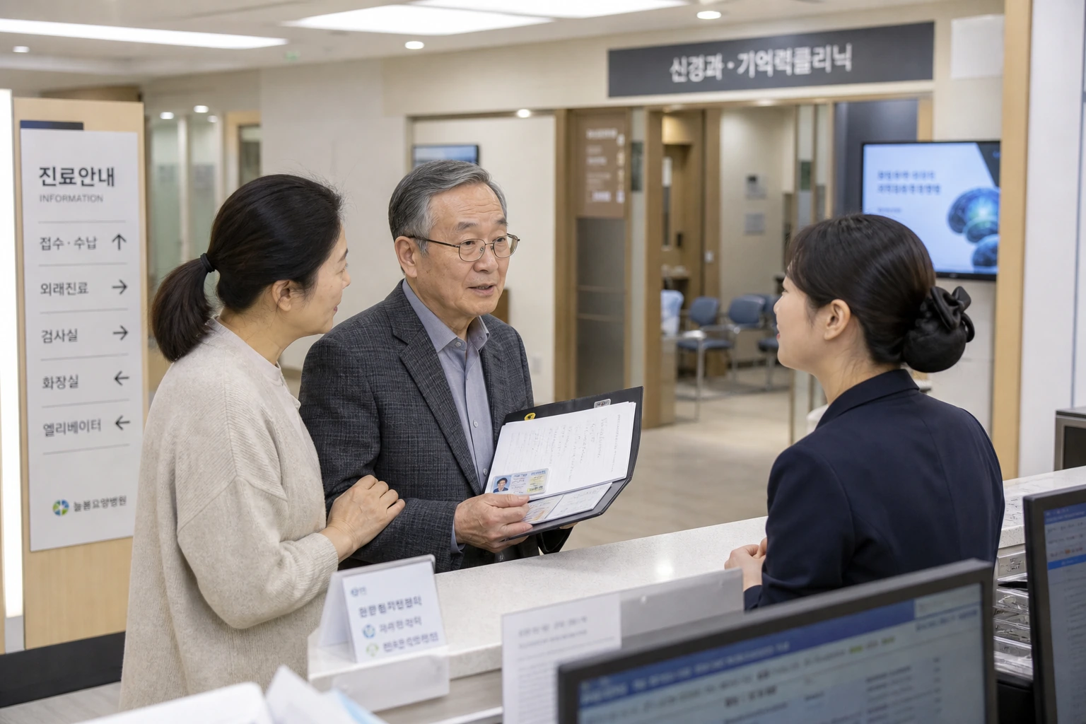 치매 조기검진 방문 당일 접수창구에서 상담 순서를 확인하는 어르신과 보호자