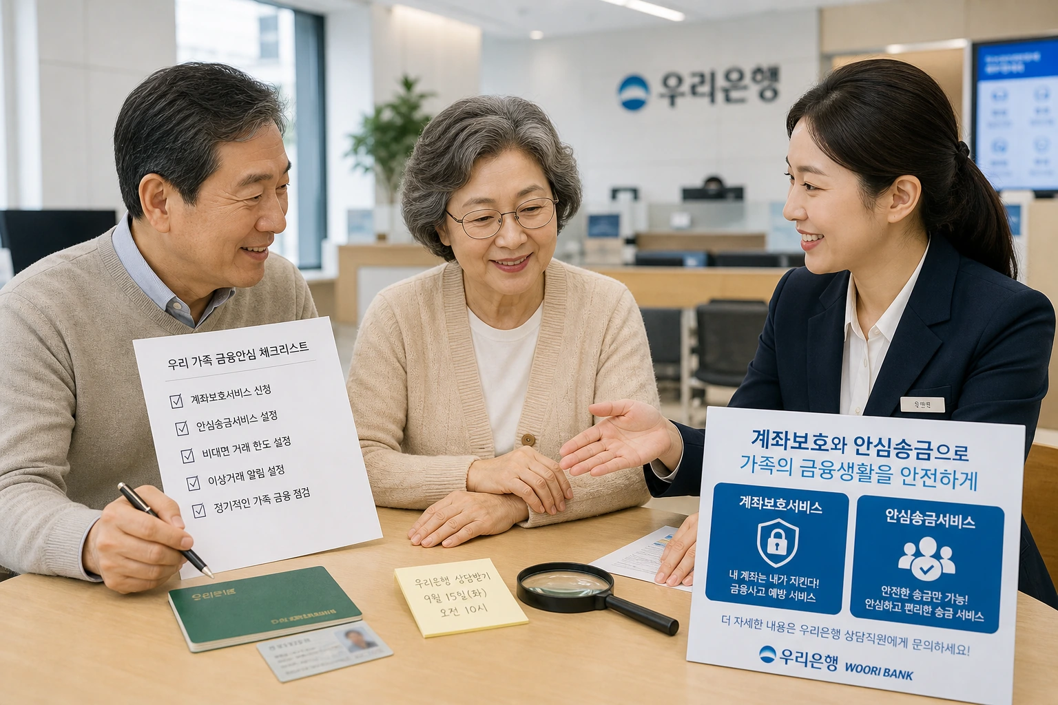 은행 창구에서 시니어와 가족이 계좌 보호 상담을 받는 모습