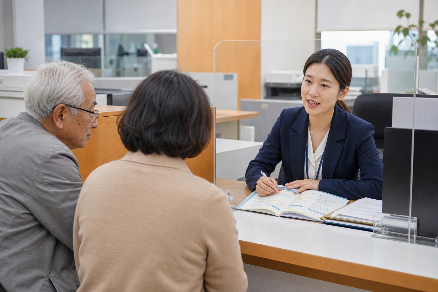 보호자와 부모가 상담 창구에서 주택연금 해지 절차를 확인하는 모습