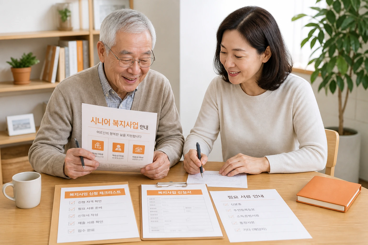 보호자와 어르신이 복지사업 신청 서류를 함께 확인하는 장면