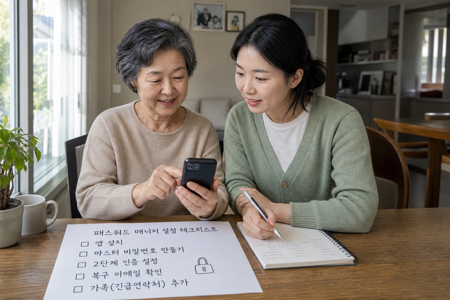 시니어와 가족이 함께 패스워드 매니저를 설정하는 모습