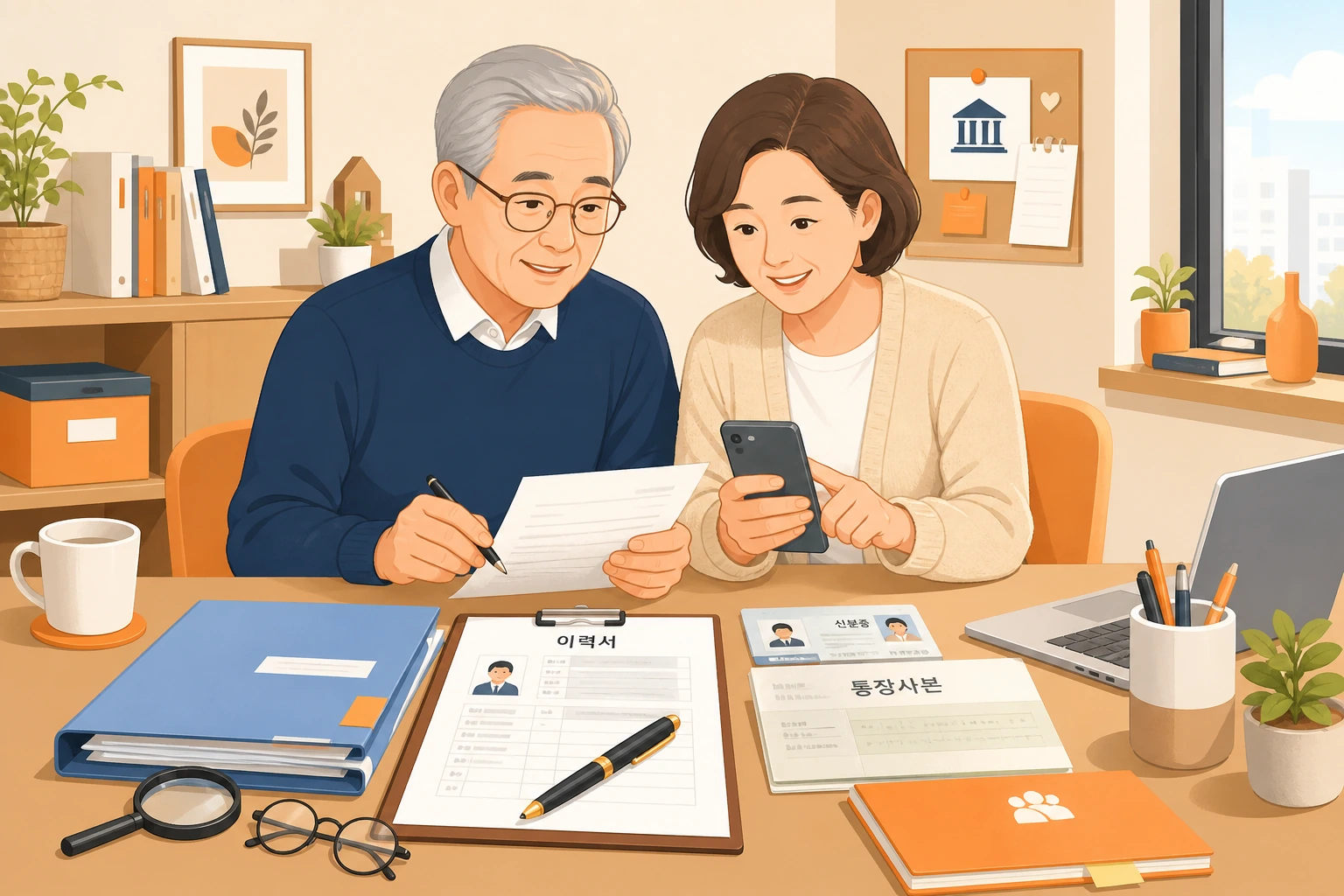 노인 인턴제 신청 서류를 준비하는 시니어와 보호자 이미지