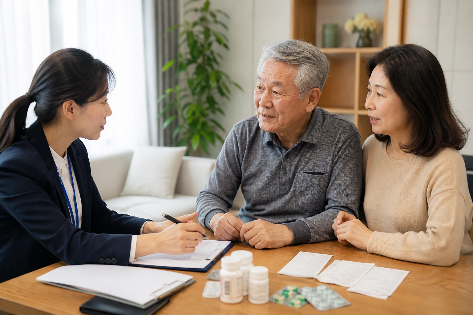 장기요양 인정조사 방문 상담 중 보호자가 체크리스트를 확인하는 모습
