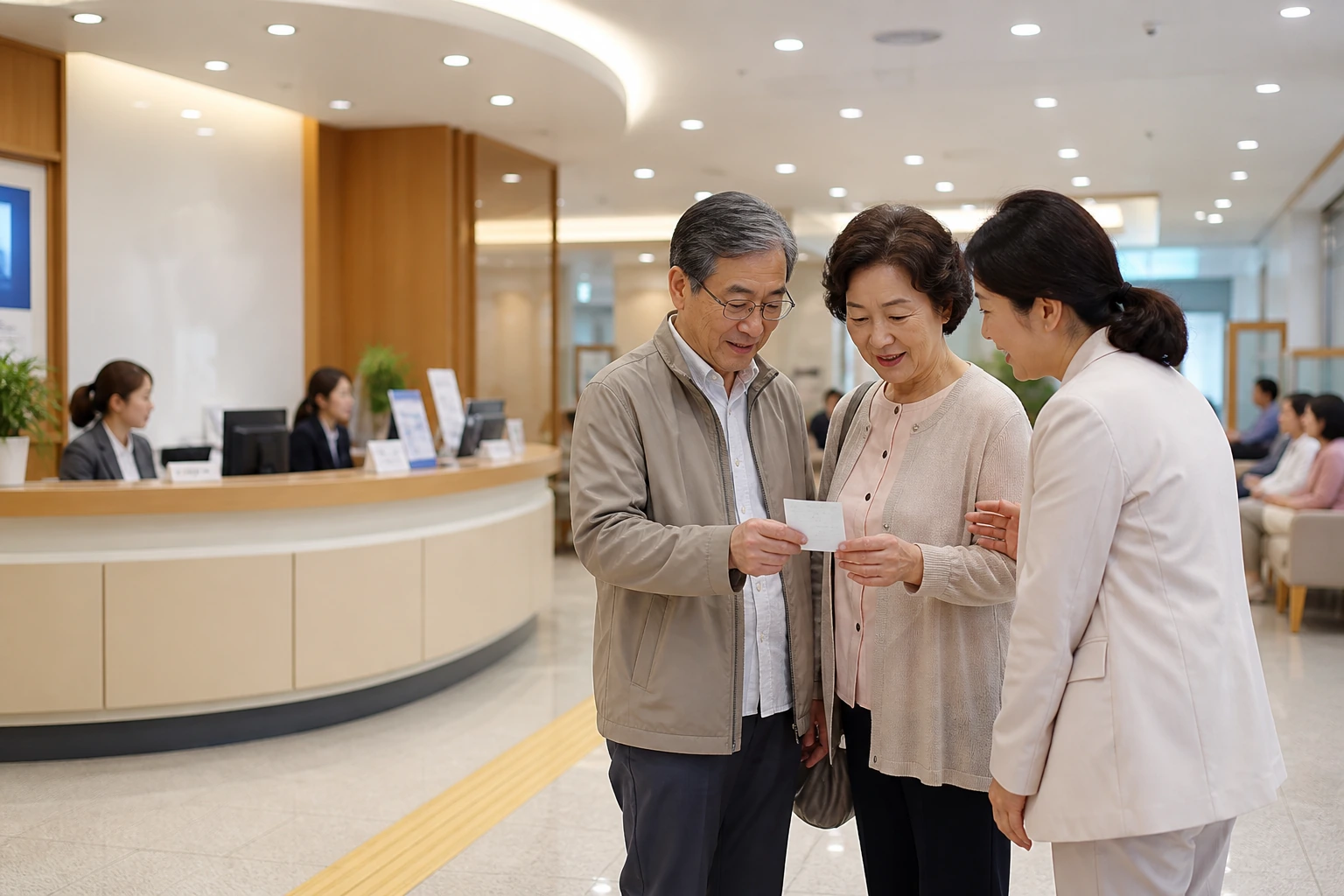 부산 공공기관 상담센터에서 국민연금공단 이용 순서를 확인하는 중장년 부부와 보호자