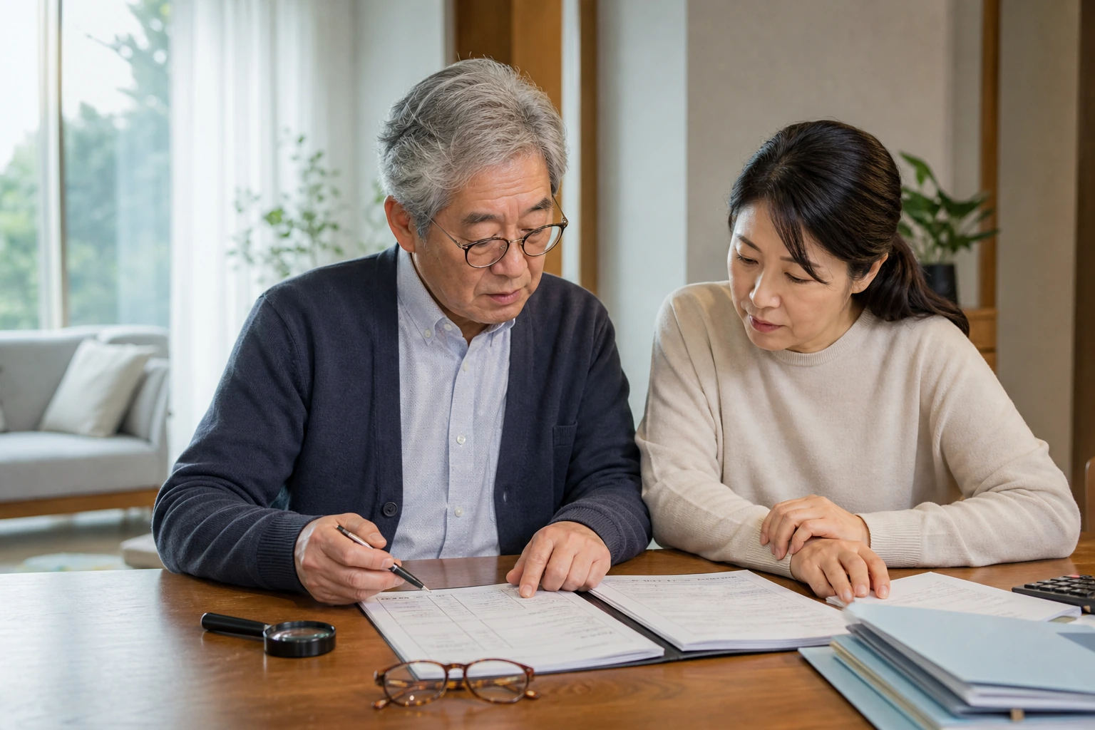 장기요양 상담 전 집에서 서류와 체크리스트를 확인하는 한국인 어르신과 보호자