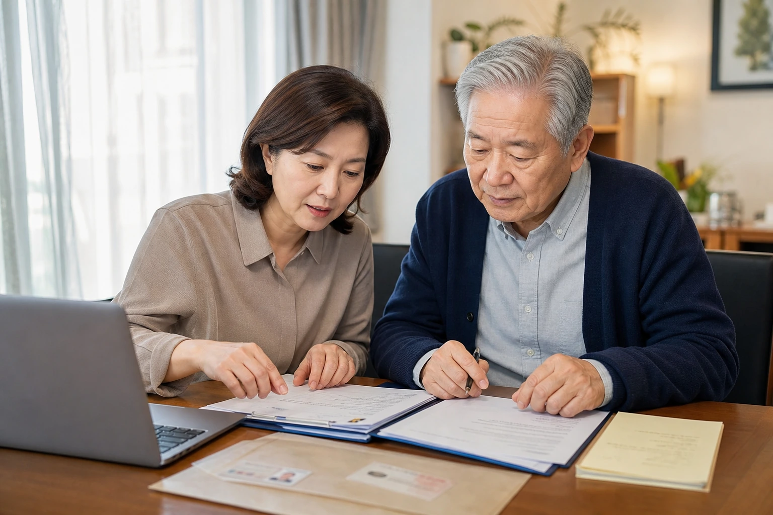 중년 보호자가 시니어 부모와 함께 퇴직연금 서류 파일과 메모지를 정리하는 장면