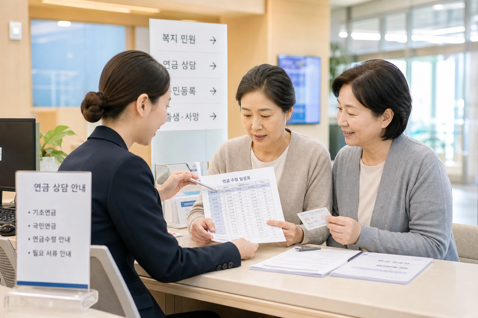 중장년 여성과 보호자가 상담 창구에서 연금 서류를 함께 확인하는 장면
