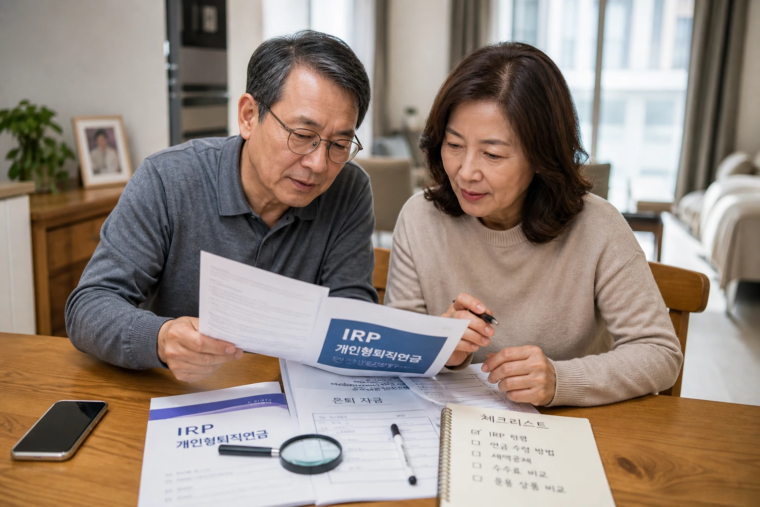 IRP 연금수령 안내서를 보며 비교하는 중장년 부부