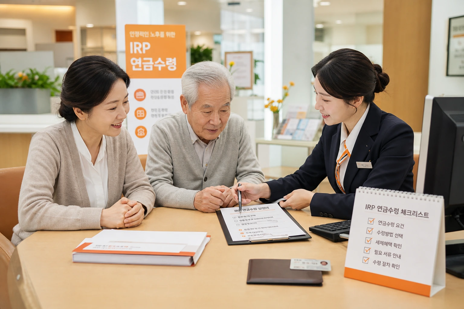 은행 상담 창구에서 IRP 연금수령 신청 절차를 안내받는 시니어와 보호자