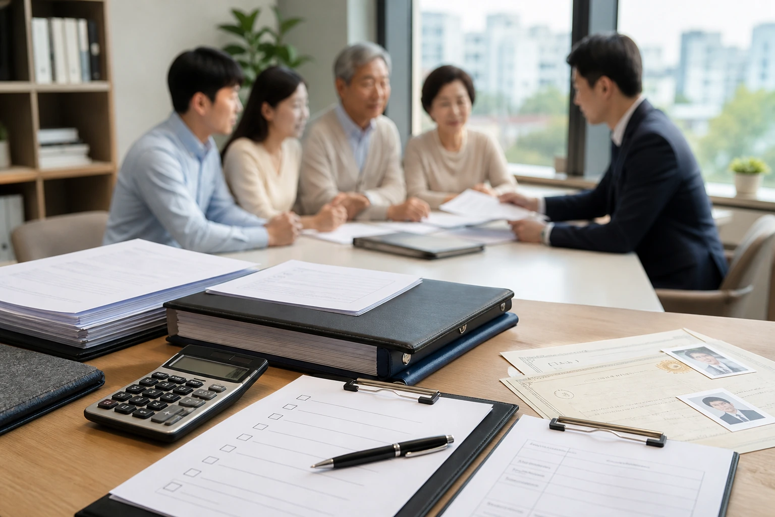 가업상속공제 준비서류와 신청 순서를 다루는 부분에 맞는 이미지로, 상속 관련 서류와 사업 자료를 책상 위에 정리해 둔 체크리스트 분위기