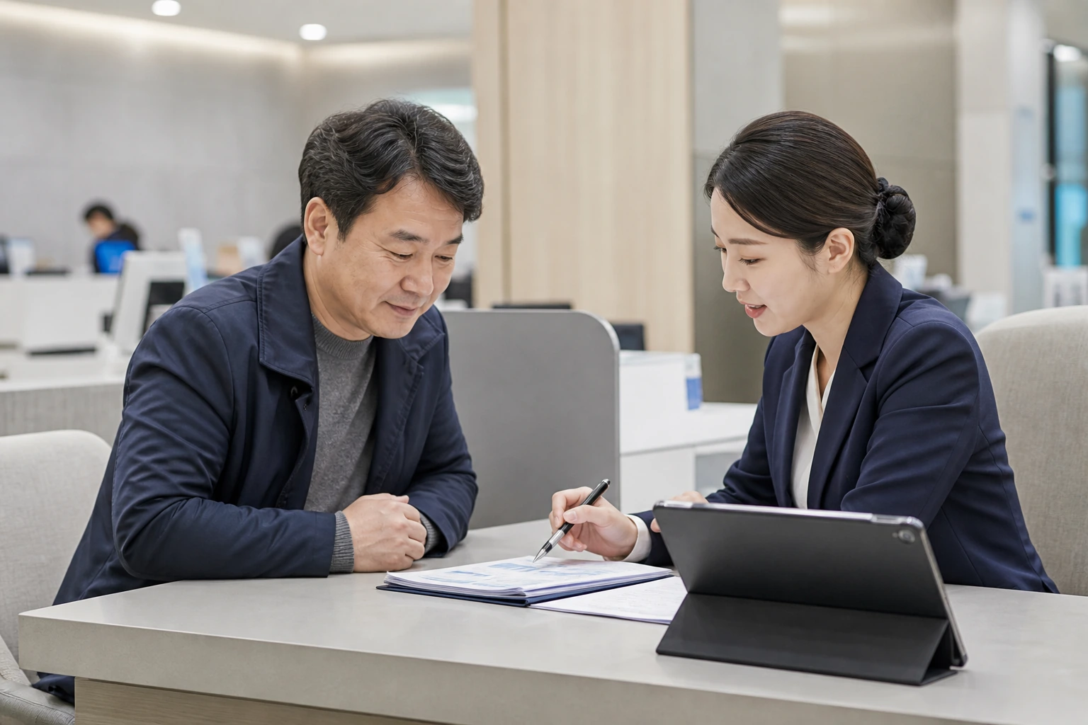 퇴직연금 실물이전 신청 순서를 확인하며 창구 상담을 준비하는 장면