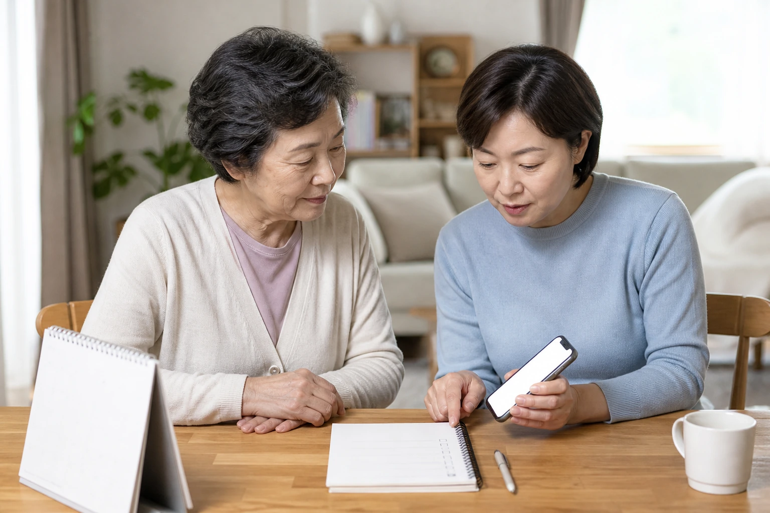 부모님 연금 수급 여부와 연락처 변경을 확인하는 보호자가 체크리스트와 휴대폰 본인인증 화면을 보는 장면