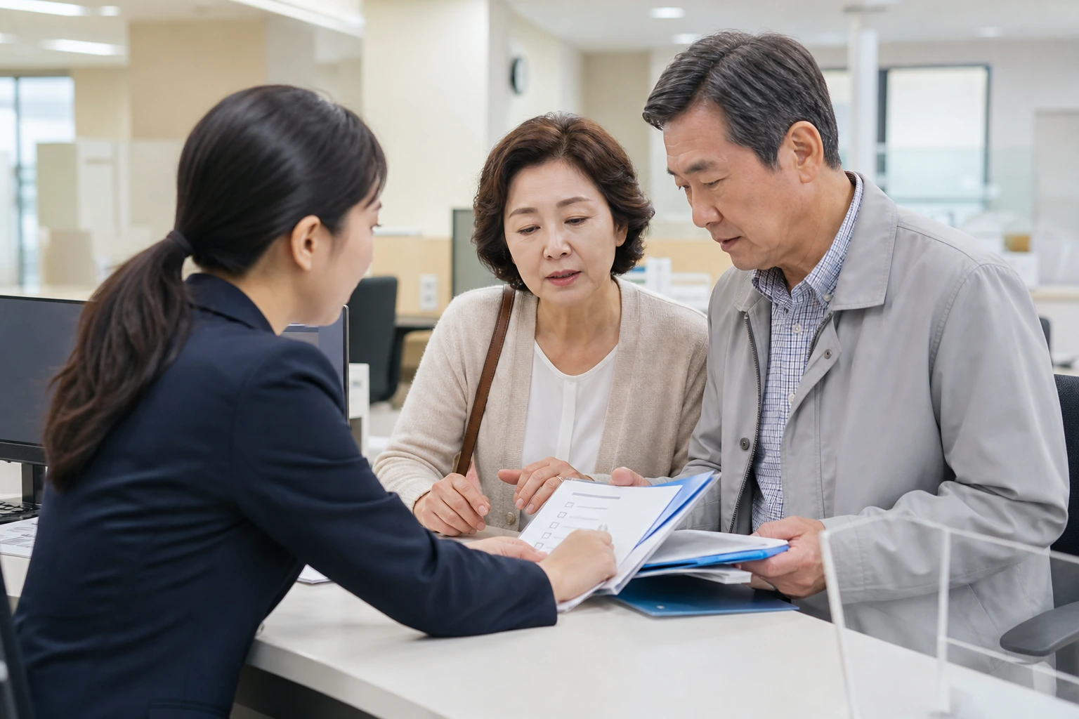 국민건강보험공단 장기요양 신청 절차를 보호자가 서류철과 체크리스트로 확인하는 장면