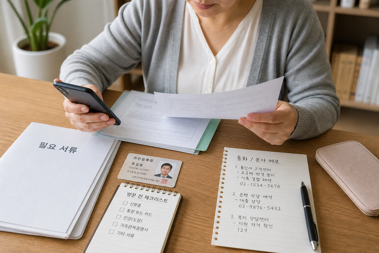 신분증과 휴대폰, 통화·문자 메모를 한곳에 모아 상담 전 준비물을 챙기는 모습