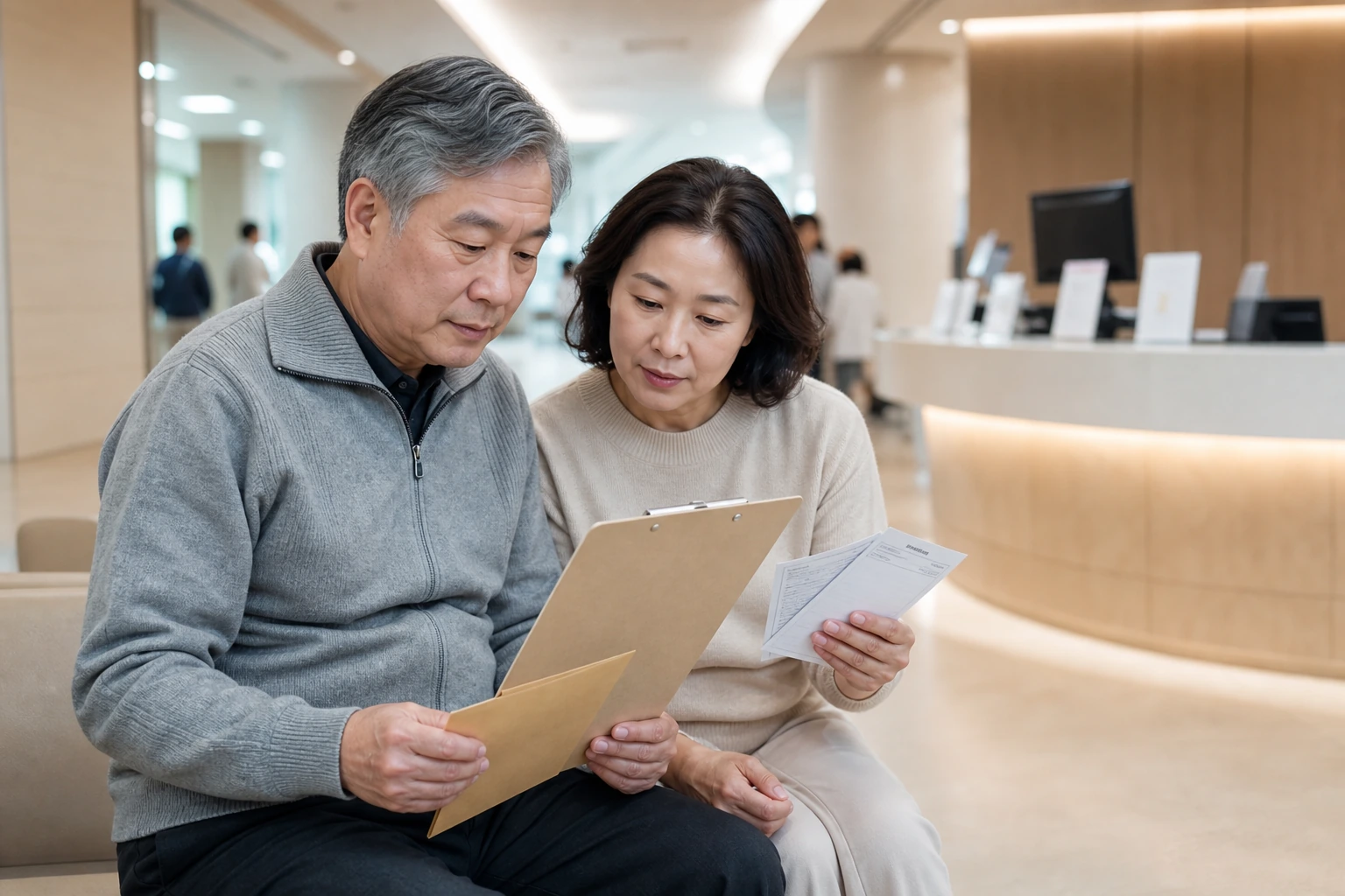 환자와 보호자가 병원 접수창구 앞에서 치료제 보험 적용 순서와 제출 서류를 확인하는 장면